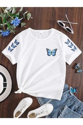 Beyaz Mavi Kelebek Butterfly Baskılı Kız Tişört
