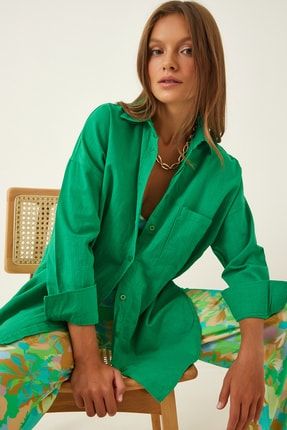 Kadın Canlı Yeşil Oversize Uzun Keten Gömlek HF00371