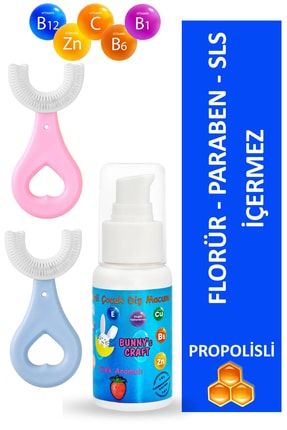Multivitaminli Çilek Aromalı Çocuk Diş Macunu 50 ml Ve U Şeklinde Diş Fırçası Pembe Mavi
