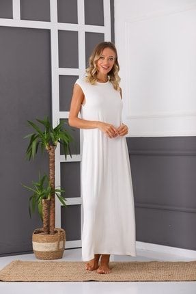 Kadın Terletmeyen Pamuklu Penye Beyaz Kolsuz Içlik Uzun Jüpon Astar Kombinezon Elbise