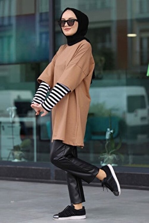 elifs moda kollari cizgili sweatshirt camel fiyati yorumlari trendyol