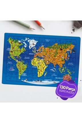 Puzzle – Dünya Haritası, Hayvanlar Ve Ülke Bayrakları 130 Parça PZL1635-13000
