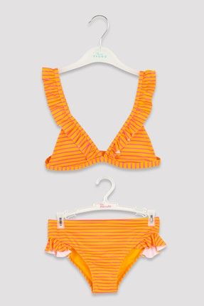 Çok Renkli Kız Çocuk Çizgili Fırfırlı Üçgen Bikini Takımı PLHR9N3Y22IY-MIX