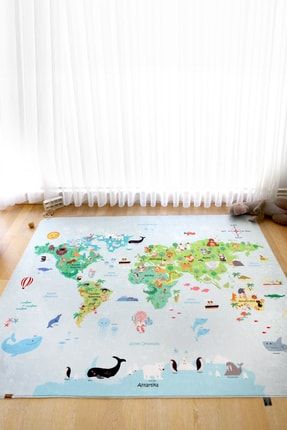 Dünya Haritası 160x200 Cm Oyun Matı Bebek Ve Çocuk Halısı Mavi