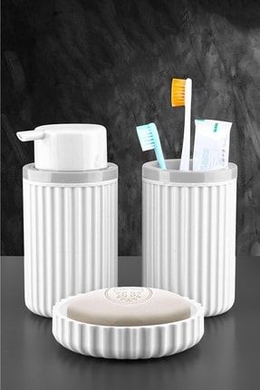 Banyo Takımı Diş Fırçalık Sıvı Sabunluk Katı Sabunluk 3'lü Set Beyaz