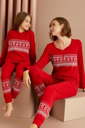 Kırmızı Pamuklu Likralı Pijama Takım