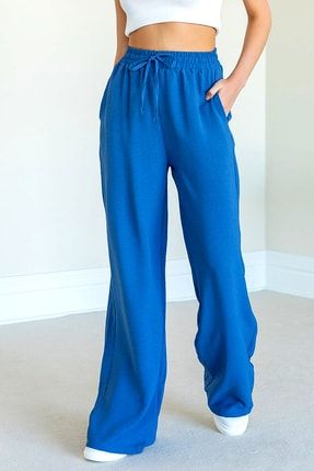 Kadın Indigo Mavi Beli Lastikli Cepli Bol Paça Mevsimlik Pantolon