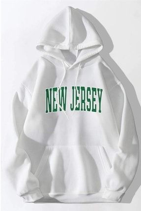 Unisex Oversize Beyaz New Jersey Baskılı Kapüşonlu Sweatshirt
