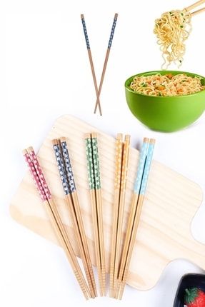 5 Çift Desenli Yıkanabilir Kore Çin Bambu Chopsticks Yemek Çubuğu | Desenli Bambu Chopstick