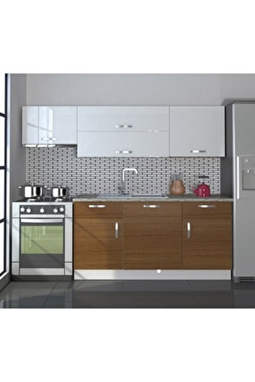 decoraktiv hazir mutfak dolabi prestij 220 cm ceviz parlak beyaz tezgah dahil fiyati yorumlari trendyol