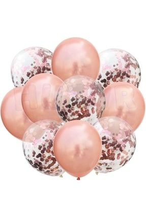 Rose Gold Konfetili Şeffaf Ve Rose Gold Metalik Balon Seti 20 Adet 30 Cm Içi Gözüken Pullu Balon