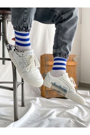 Unisex Mavi Çizgili Beyaz Uzun Çorap
