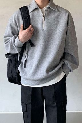 Erkek Polo Yaka Gri Oversize Sweatshirt