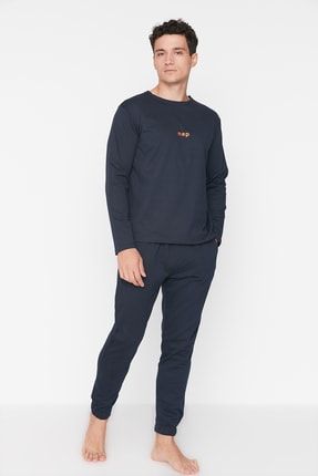TRENDYOL MAN Lacivert Regular Fit Bask l Orme Pijama Tak m TMNAW22PT0754 Fiyat Yorumlar Trendyolmilla