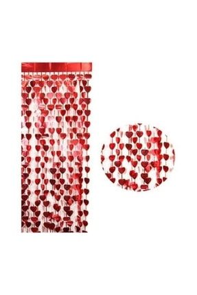Metalize Kırmızı Kalpli Kapı Perdesi / Duvar Fonu