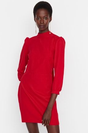 Kırmızı Mini Dokuma Dik Yaka Mini Elbise TWOAW20EL1691