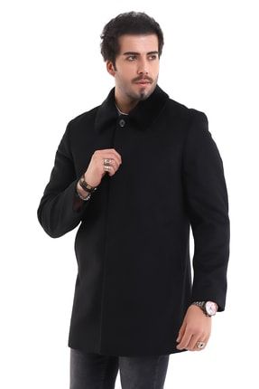 Erkek Siyah Kaşe Kısa Yün Klasik Kaban Kürk Yaka Palto Classic