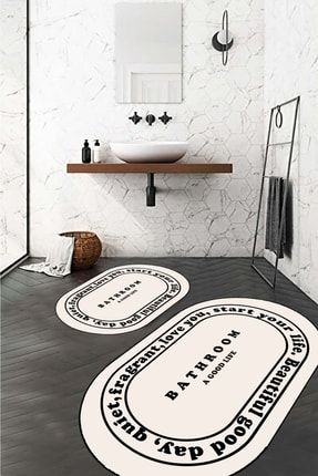 Kaymaz Taban, Banyo,paspası, Bathroom Yazılı, Estetik, Oval, 2'li Klozet Takımı