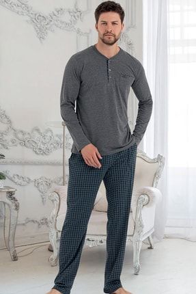 Erkek %100 Pamuk Uzun Kol Alt Kareli Süprem Penye Pijama Takım