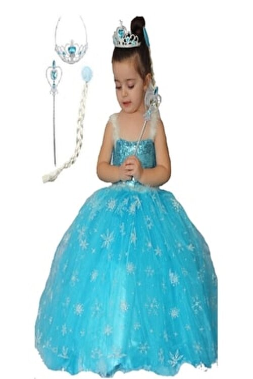 Elsa Kostümü Frozen Elbise Askılı Tarlatanlı Maske Eldiven Taç Asa Kostüm 00147