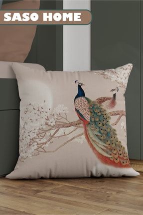 Asya Tavus Kuşu Gün Batımı Desenli Dekoratif Hediyelik Kırlent - Yastık Kılıfı