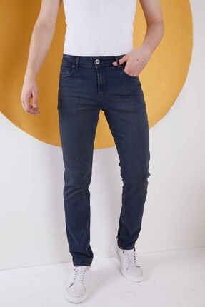 Erkek Koyu Lacivert Düz Klasik Rahat Kesim Regular Fit Likralı Kot Jeans