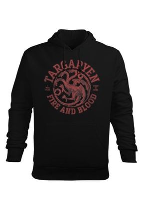 Targaryen Fire And Blood Dragon Baskılı Siyah Erkek Kapüşonlu Hoodie Sweatshirt