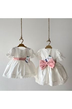 Beyaza Pembe Fiyonklu Kısa Kol Kız Bebek Elbise - (CANDY)