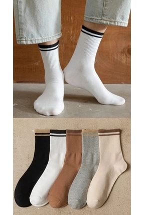 Unisex Renkli 5 Çift Çizgili Kolej Çorap Seti