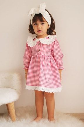 Kız Çocuk Pembe Pötikareli Çilek Nakışlı Yakası Fırfırlı Elbise