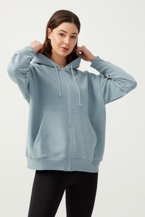 Kadın Mavi Gri Kapüşonlu Oversize Şardonlu Fermuarlı Örme Sweatshirt