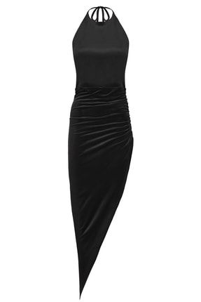 Siyah Boyundan Bağlamalı Kadife Asimetrik Etekli Midi abiye elbise WCTOAOADMAMRDM