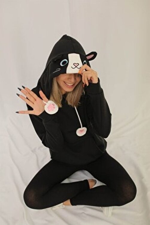 Gezmoni Kedili Kapusonlu Siyah Sweatshirt Fiyati Yorumlari Trendyol
