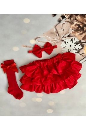 Kız Bebek Kırmızı Fırfırlı Şort Etek Bandana Ve Fiyonklu Dizaltı Çorap Takım