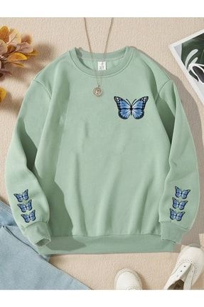 Mint Yeşili Mavi Kelebek Butterfly Baskılı Kız Sweatshirt