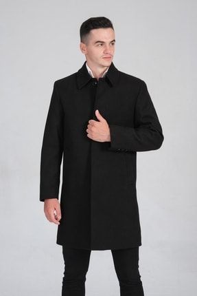 Erkek Siyah Gömlek Yaka Kaşe Palto