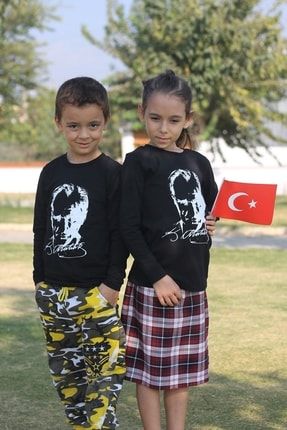 Siyah Atatürk Baskılı Uzun Kollu Kız-erkek (UNİSEX) Pamuklu Çocuk T-shirt