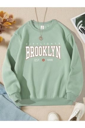 Mint Yeşili Brooklyn Baskılı Kız/erkek Sweatshirt