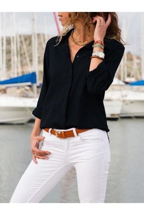 Kadın Siyah Basic Normal Kalıp Dokuma Viskon Kumaş Gömlek Bluz