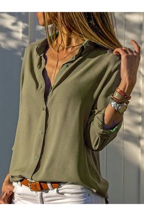 Kadın Haki Basic Normal Kalıp Dokuma Viskon Kumaş Gömlek Bluz