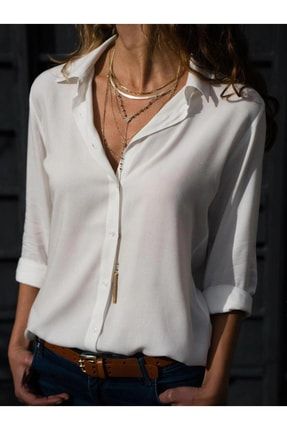 Kadın Beyaz Basic Normal Kalıp Dokuma Viskon Kumaş Gömlek Bluz