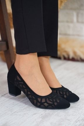 Dalek Halka Lazerli Kadın Topuklu Ayakkabı Siyah Süet