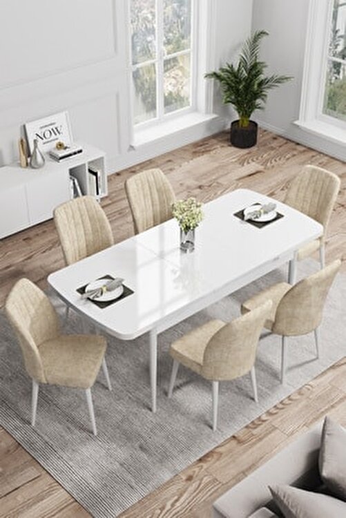 Canisa Concept Rio Serisi Mdf Beyaz Gurgen Ayakli Acilabilir Mutfak Masa Takimi Beyaz Masa 6 Krem Sandalye Fiyati Yorumlari Trendyol