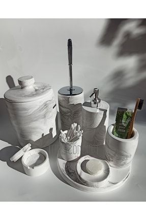 Mermer Görünümlü Banyo Seti Çöp Kovası ,tuvalet Fırçası, Tepsi,sabunluk ,pamukluk, Cubukluk