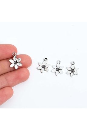 5 Adet - 16 Mm Papatya Çiçek Desenli Metal Uç, Takı Malzemesi, Boyalı Gümüş Kaplama