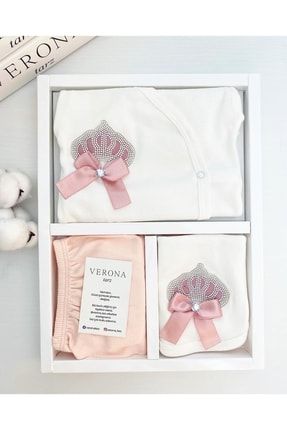 Yeni Sezon Kız Bebek Kraliçe Taç Taşlı 5li Hastane Çıkış Seti Yenidoğan Kıyafeti 50-56cm