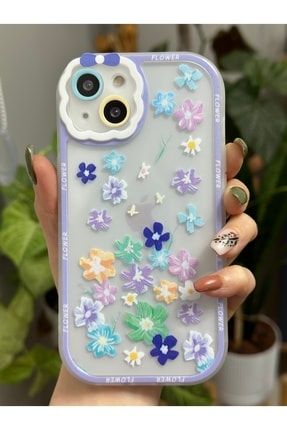 Iphone 14 Plus Ve 15 Plus Uyumlu Kamera Koruma Tasarımlı Lila Çiçekler Kılıf