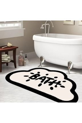Kaymaz Taban, Bulut Desenli, Bath Yazılı Banyo Paspası, Dekoratif Paspas, 60x100 Cm