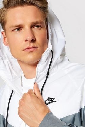Nike Sportswear Windrunner Jacket Kap onlu Erkek Ceketi Beyaz Gri
