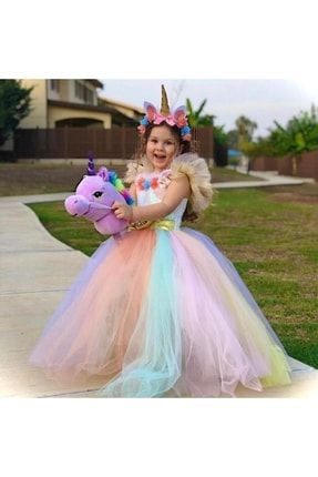 Kız Çocuk Unicorn Tarlatanlı Tütü Elbise Kostüm Taç Hediyeli